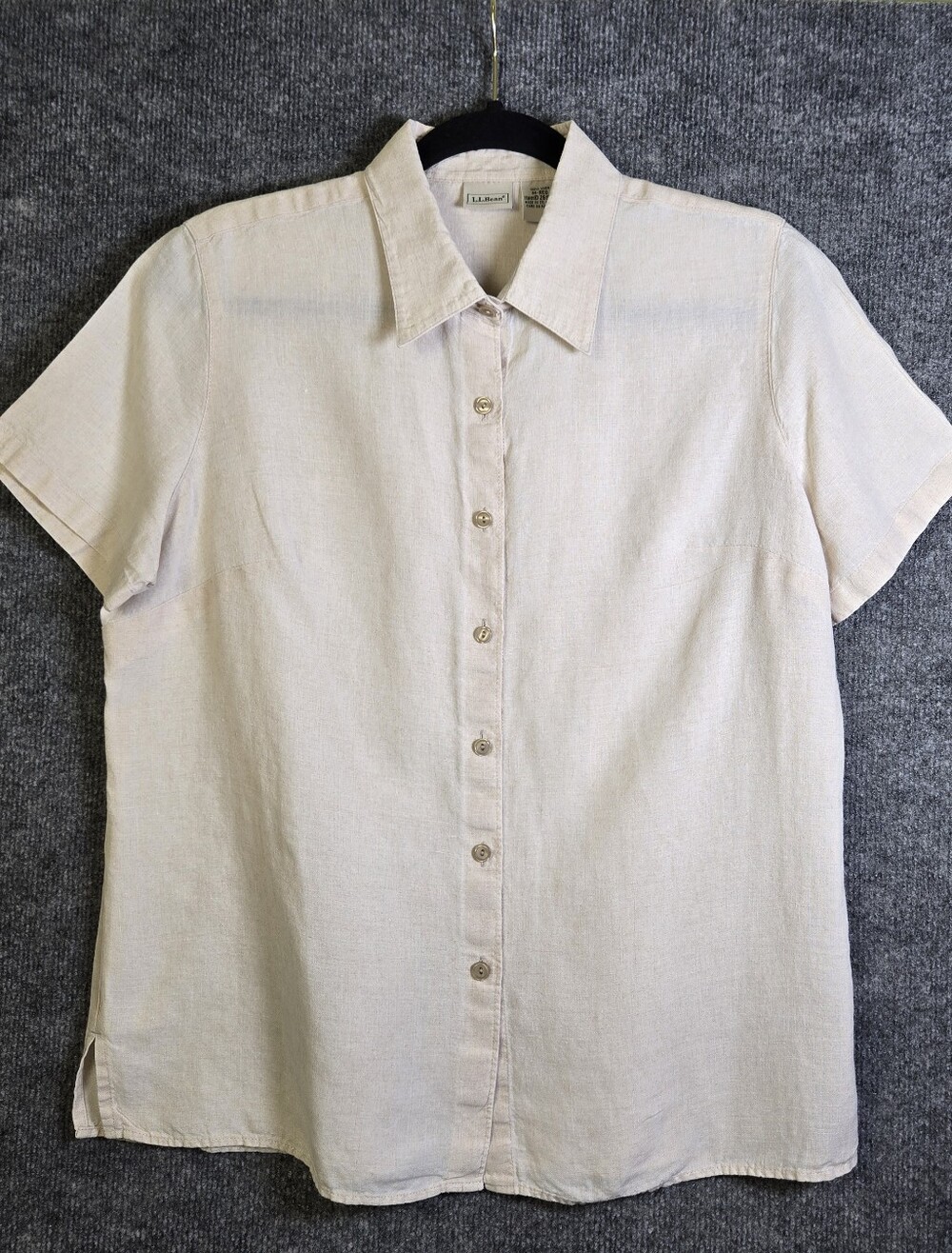LL BEAN Shirt Womens M Regular Beige Linen Button Up Short Sleeve Neutral